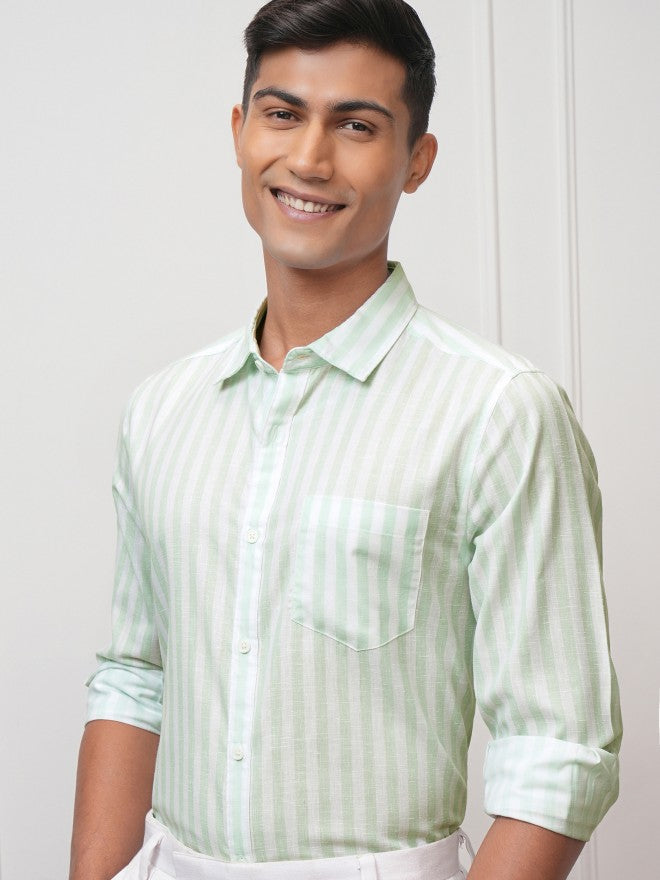 Locomotive Men Green Striped Regular Fit Casual Shirt - Green - Image 1