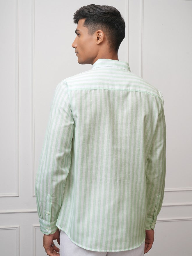 Locomotive Men Green Striped Regular Fit Casual Shirt - Green - Image 3