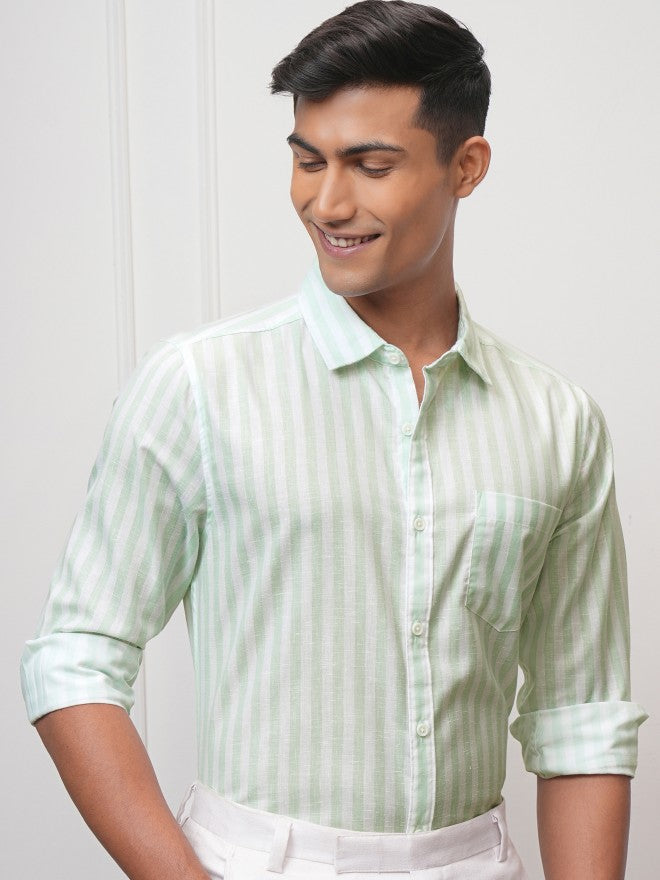 Locomotive Men Green Striped Regular Fit Casual Shirt - Green - Image 4