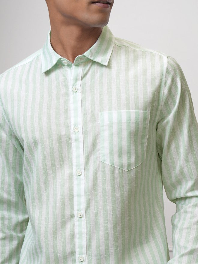 Locomotive Men Green Striped Regular Fit Casual Shirt - Green - Image 5