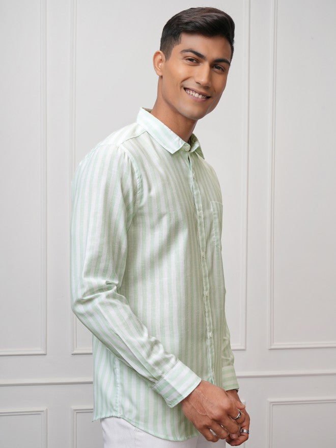 Locomotive Men Green Striped Regular Fit Casual Shirt - Green - Image 6