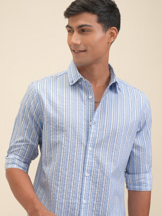 Locomotive Men Blue Striped Regular Fit Casual Shirt - Blue - Image 1