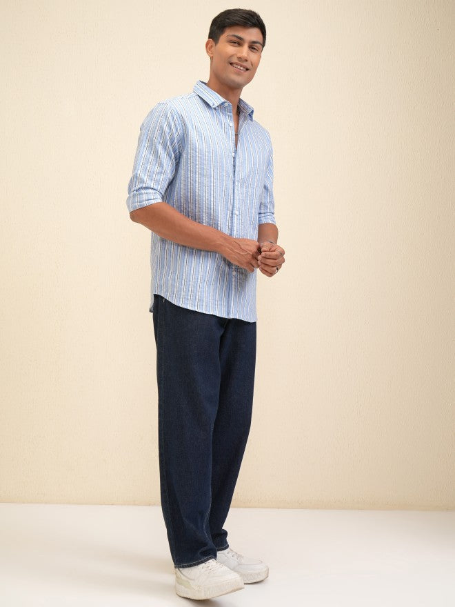 Locomotive Men Blue Striped Regular Fit Casual Shirt - Blue - Image 2