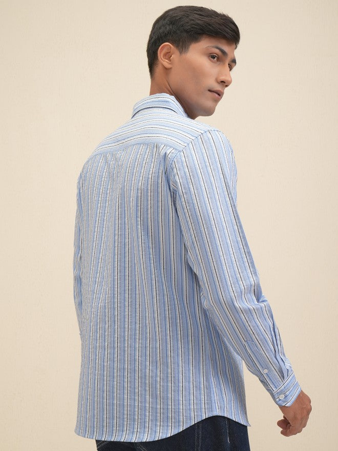 Locomotive Men Blue Striped Regular Fit Casual Shirt - Blue - Image 3