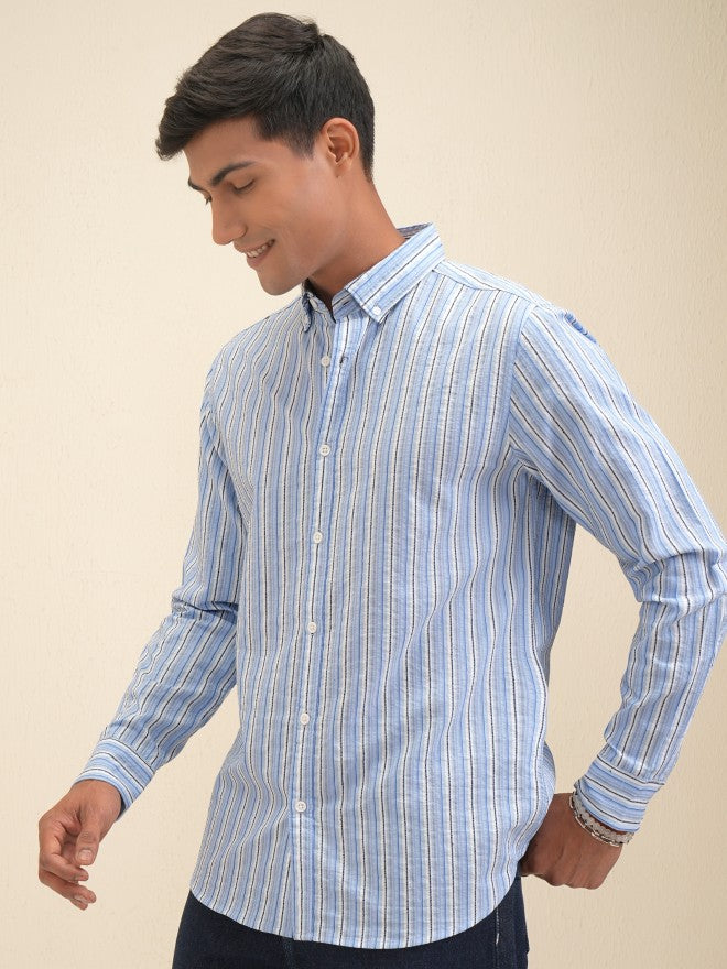 Locomotive Men Blue Striped Regular Fit Casual Shirt - Blue - Image 4
