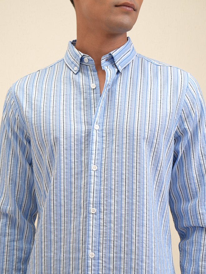 Locomotive Men Blue Striped Regular Fit Casual Shirt - Blue - Image 5