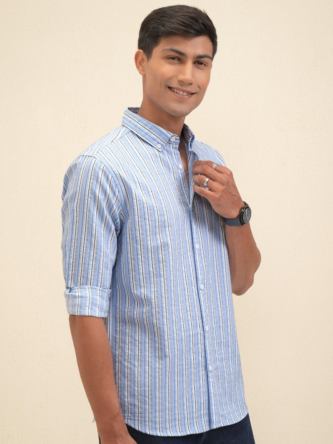 Locomotive Men Blue Striped Regular Fit Casual Shirt - Blue - Image 6