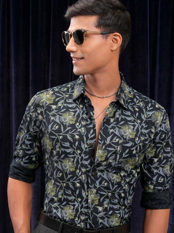 Locomotive Men Navy Blue Printed Slim Fit Casual Shirt - Navy Blue - Image 1