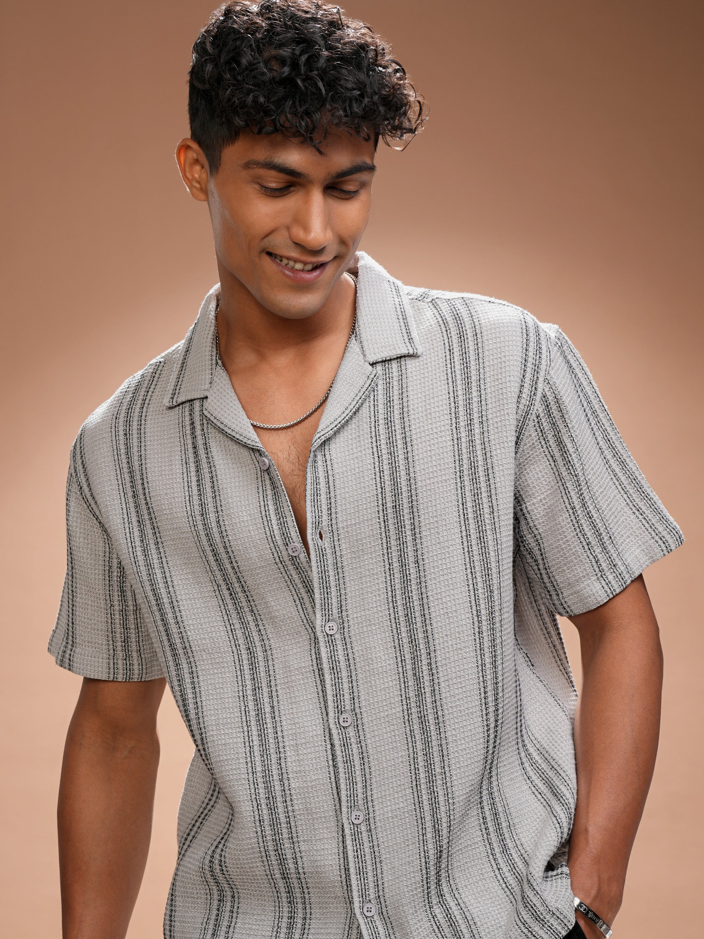 Locomotive Men Grey Striped Relaxed Fit Casual Shirt - Grey - Image 1