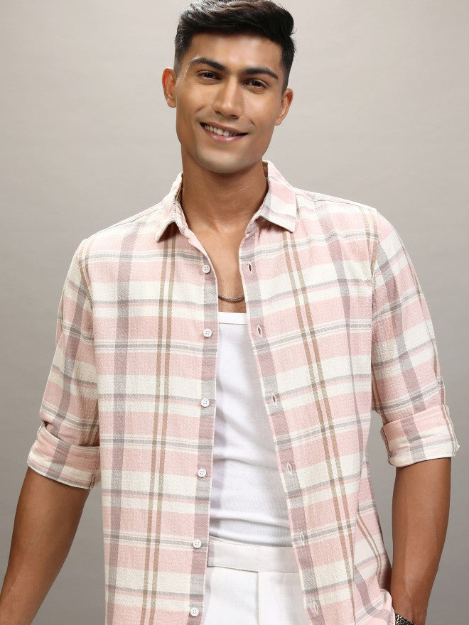 Locomotive Men Cream Checked Regular Fit Casual Shirt - Cream - Image 1