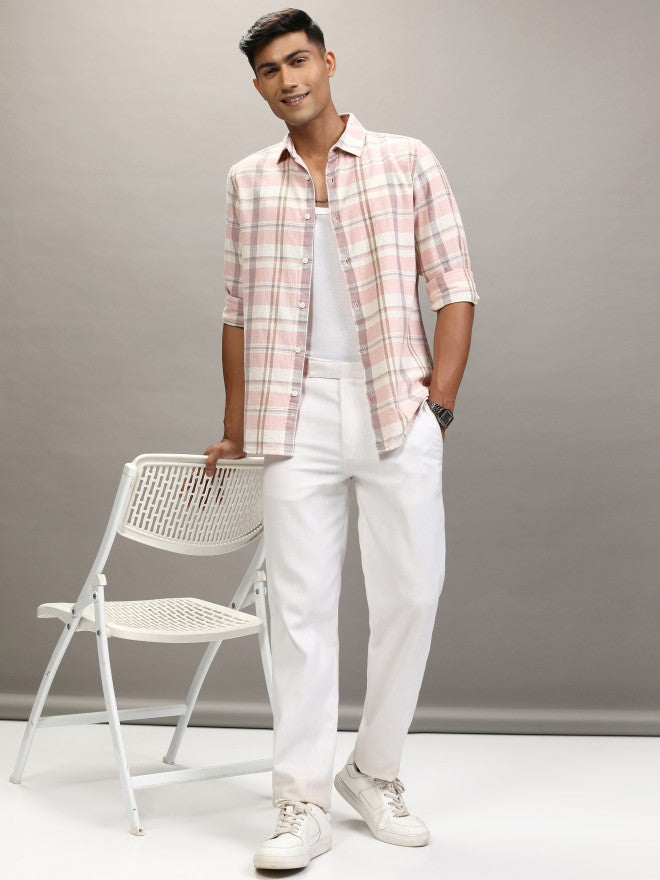 Locomotive Men Cream Checked Regular Fit Casual Shirt - Cream - Image 2