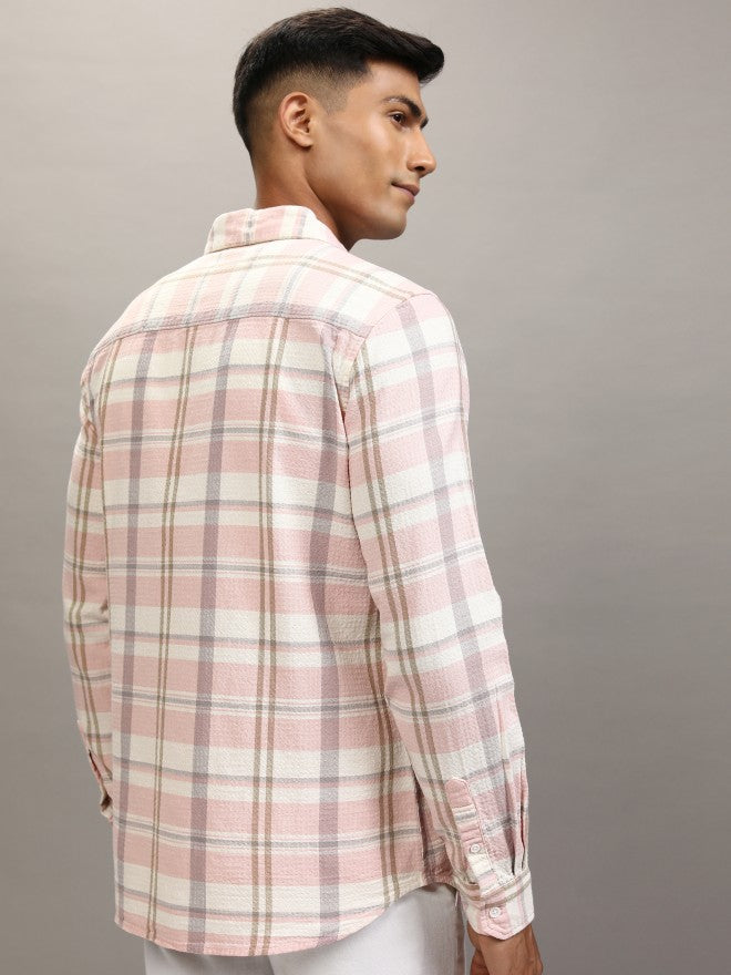 Locomotive Men Cream Checked Regular Fit Casual Shirt - Cream - Image 3
