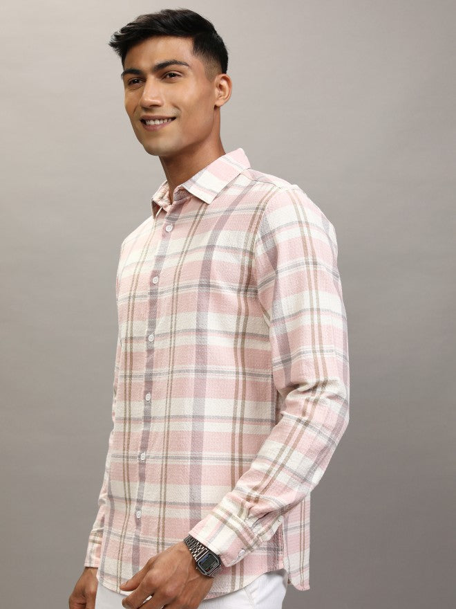 Locomotive Men Cream Checked Regular Fit Casual Shirt - Cream - Image 4