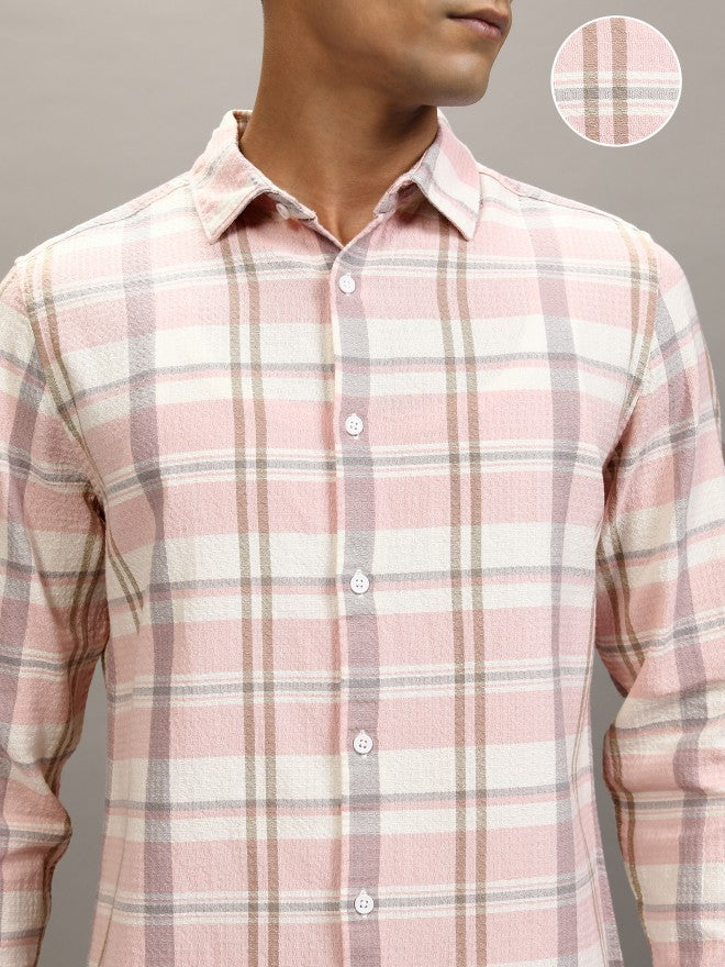 Locomotive Men Cream Checked Regular Fit Casual Shirt - Cream - Image 5
