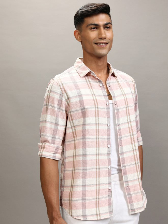 Locomotive Men Cream Checked Regular Fit Casual Shirt - Cream - Image 6