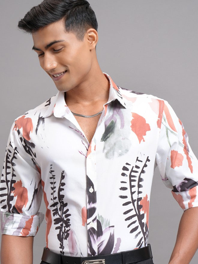 Locomotive Men White Printed Slim Fit Casual Shirt - Cream - Image 1