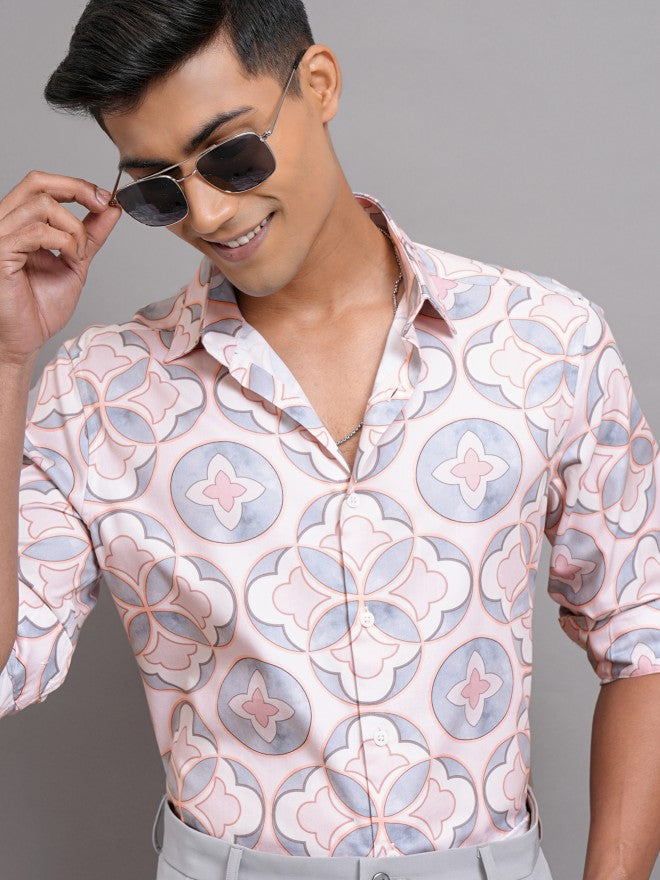 Locomotive Men Pink Printed Slim Fit Casual Shirt - Pink - Image 1
