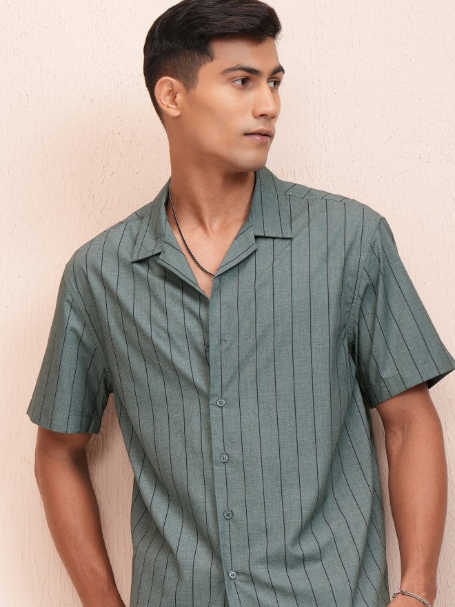 Locomotive Men Olive Striped Relaxed Fit Casual Shirt - Olive - Image 1