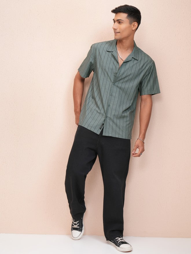 Locomotive Men Olive Striped Relaxed Fit Casual Shirt - Olive - Image 2