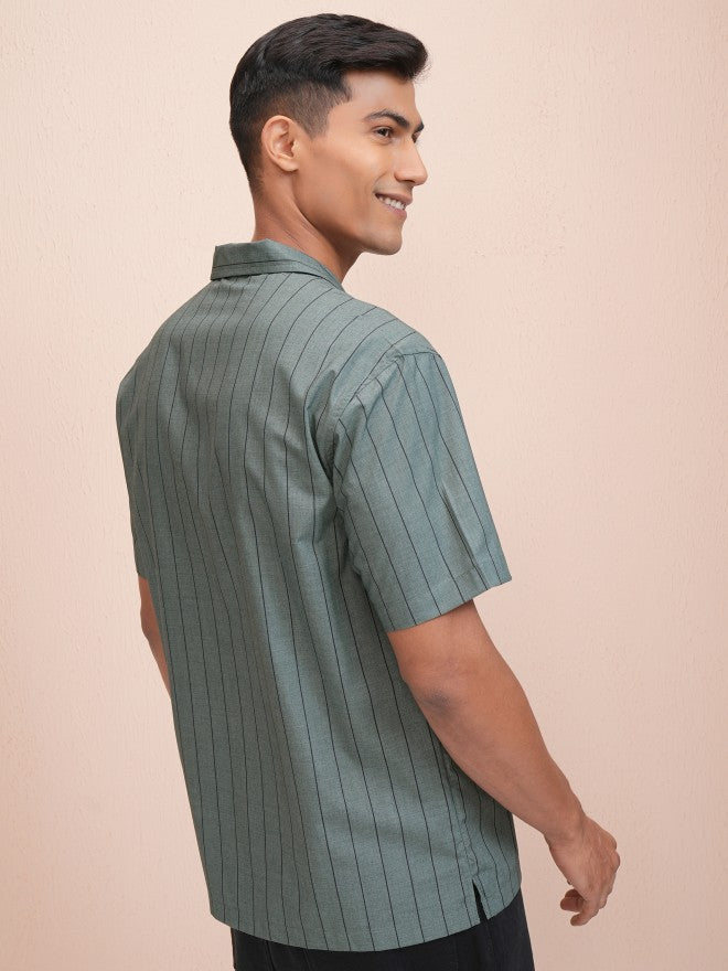 Locomotive Men Olive Striped Relaxed Fit Casual Shirt - Olive - Image 3