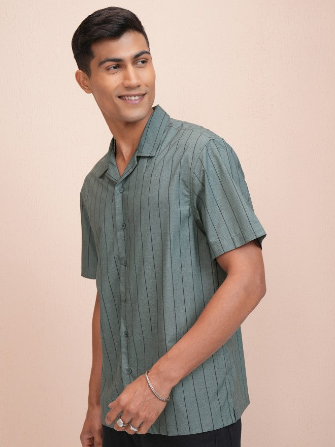 Locomotive Men Olive Striped Relaxed Fit Casual Shirt - Olive - Image 4