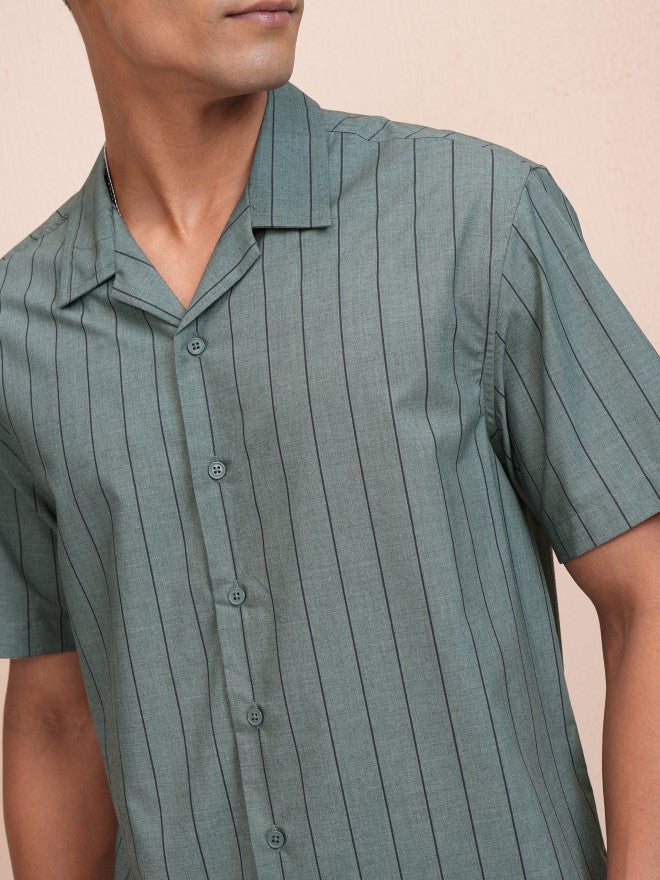 Locomotive Men Olive Striped Relaxed Fit Casual Shirt - Olive - Image 5