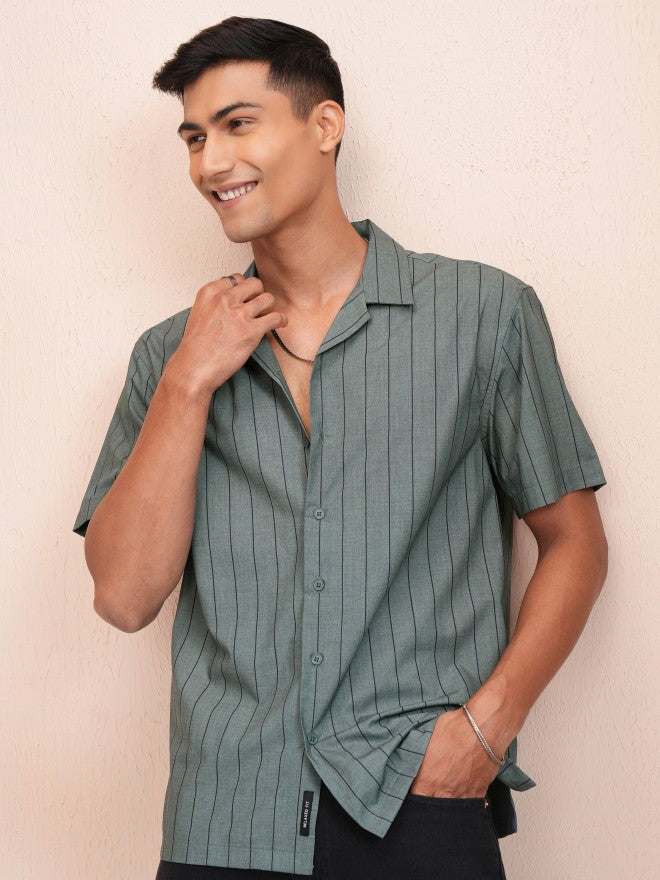 Locomotive Men Olive Striped Relaxed Fit Casual Shirt - Olive - Image 6
