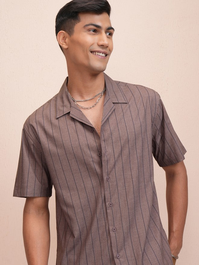 Locomotive Men Brown Striped Relaxed Fit Casual Shirt - Brown - Image 1