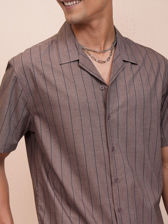 Locomotive Men Brown Striped Relaxed Fit Casual Shirt - Brown - Image 5
