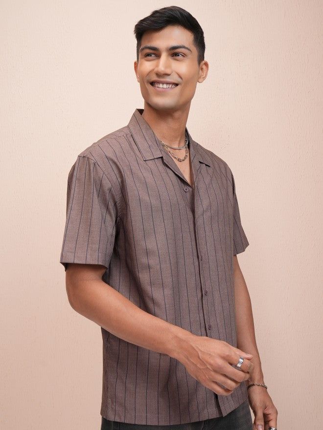 Locomotive Men Brown Striped Relaxed Fit Casual Shirt - Brown - Image 6