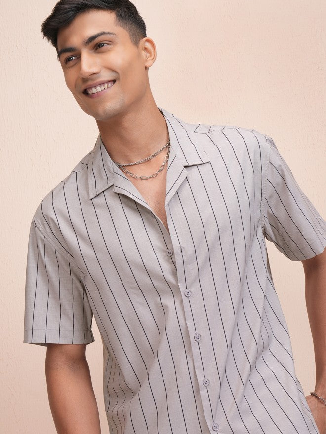 Locomotive Men Grey Striped Relaxed Fit Casual Shirt - Grey - Image 1
