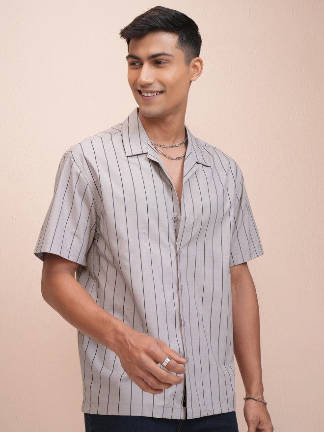 Locomotive Men Grey Striped Relaxed Fit Casual Shirt - Grey - Image 6
