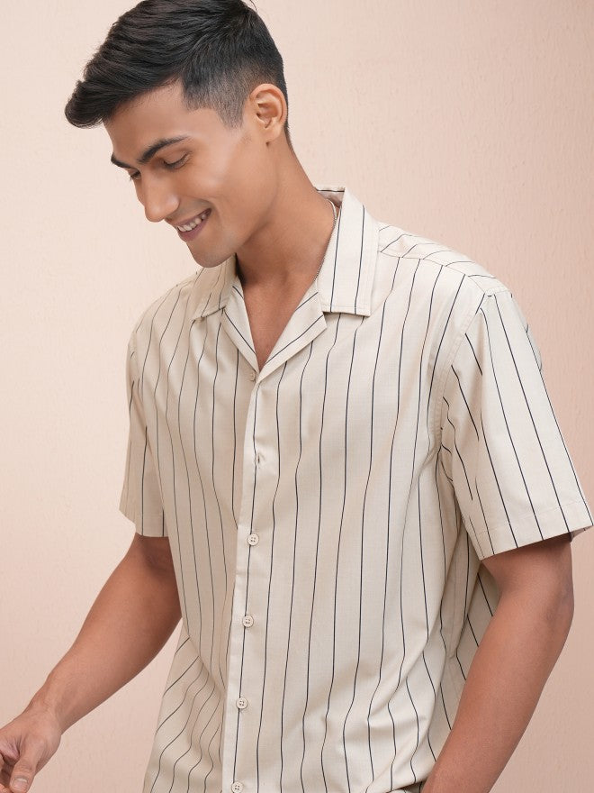 Locomotive Men Beige Striped Relaxed Fit Casual Shirt - Beige - Image 1