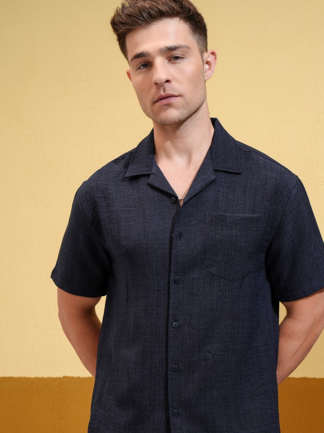 Locomotive Men Navy Blue Solid Regular Fit Casual Shirt - Navy Blue - Image 1