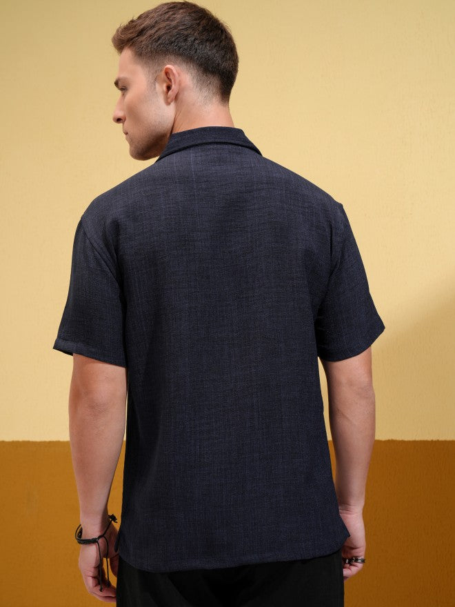 Locomotive Men Navy Blue Solid Regular Fit Casual Shirt - Navy Blue - Image 3