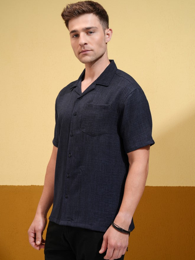 Locomotive Men Navy Blue Solid Regular Fit Casual Shirt - Navy Blue - Image 4