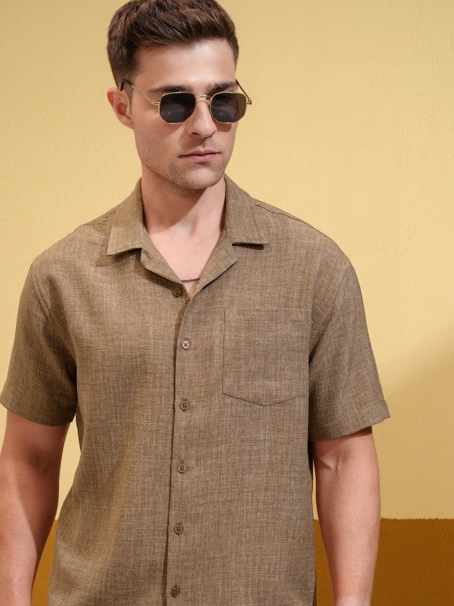 Locomotive Men Brown Solid Oversized Fit Casual Shirt - Brown - Image 1