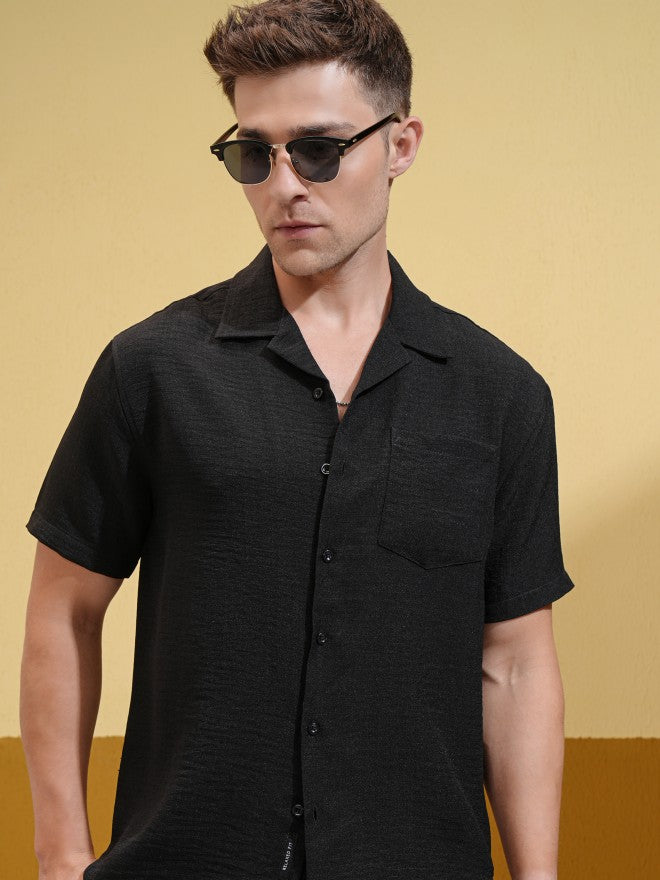 Locomotive Men Black Self Design Oversized Fit Casual Shirt - Black - Image 1