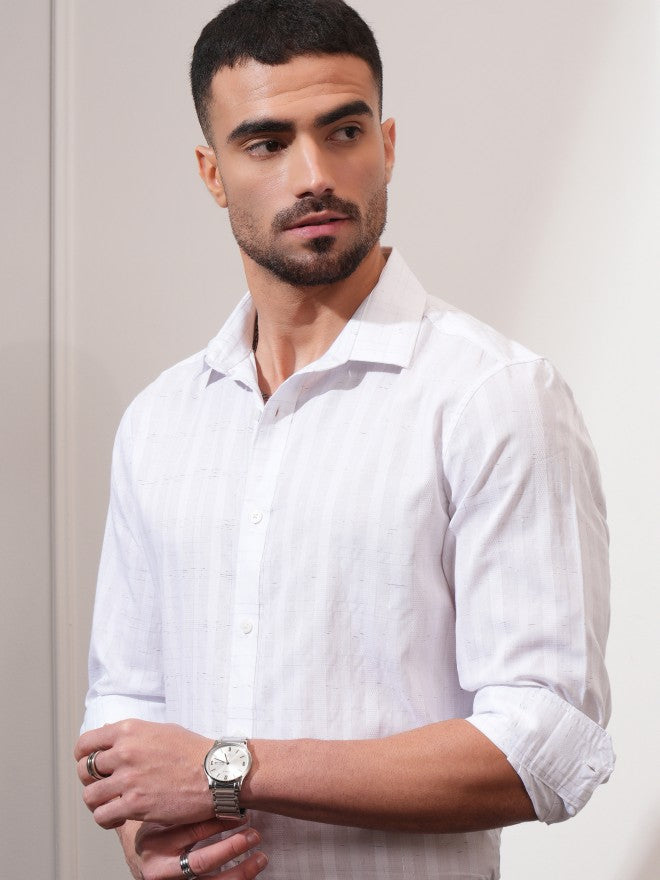 Locomotive Men White Striped Slim Fit Casual Shirt - White - Image 1