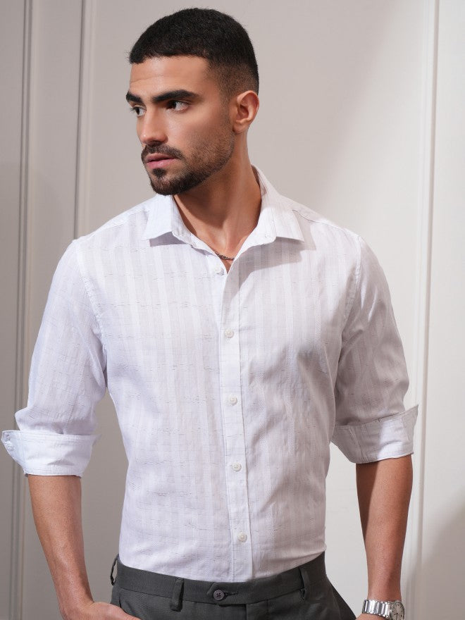Locomotive Men White Striped Slim Fit Casual Shirt - White - Image 4
