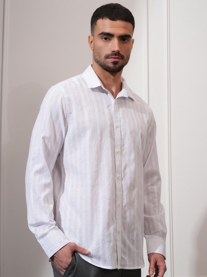 Locomotive Men White Striped Slim Fit Casual Shirt - White - Image 6