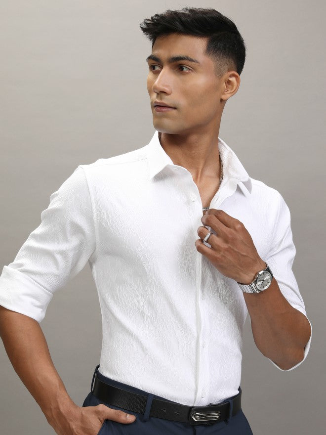 Locomotive Men White Textured Slim Fit Casual Shirt - White - Image 6