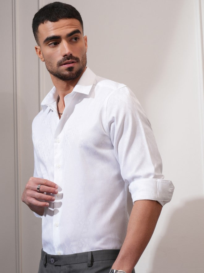 Locomotive Men White Textured Slim Fit Casual Shirt - White - Image 4