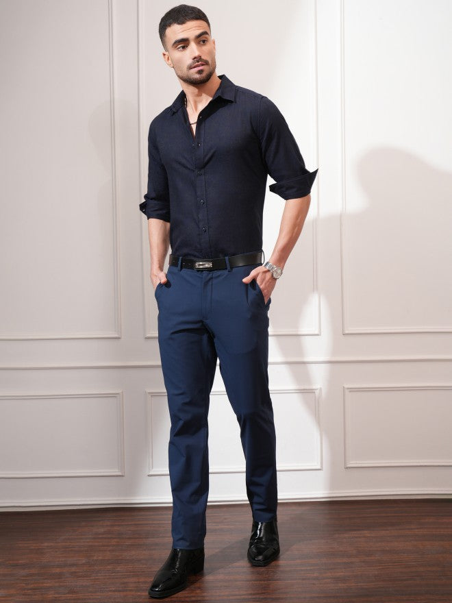 Locomotive Men Navy Blue Textured Slim Fit Casual Shirt - Navy Blue - Image 2