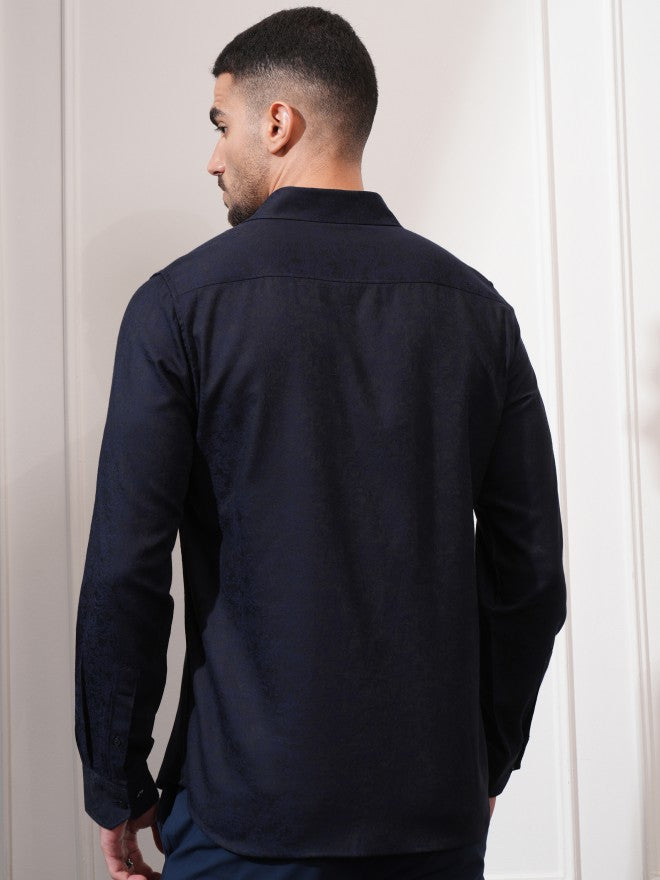 Locomotive Men Navy Blue Textured Slim Fit Casual Shirt - Navy Blue - Image 3