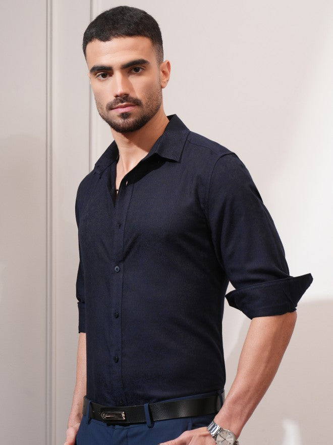 Locomotive Men Navy Blue Textured Slim Fit Casual Shirt - Navy Blue - Image 4