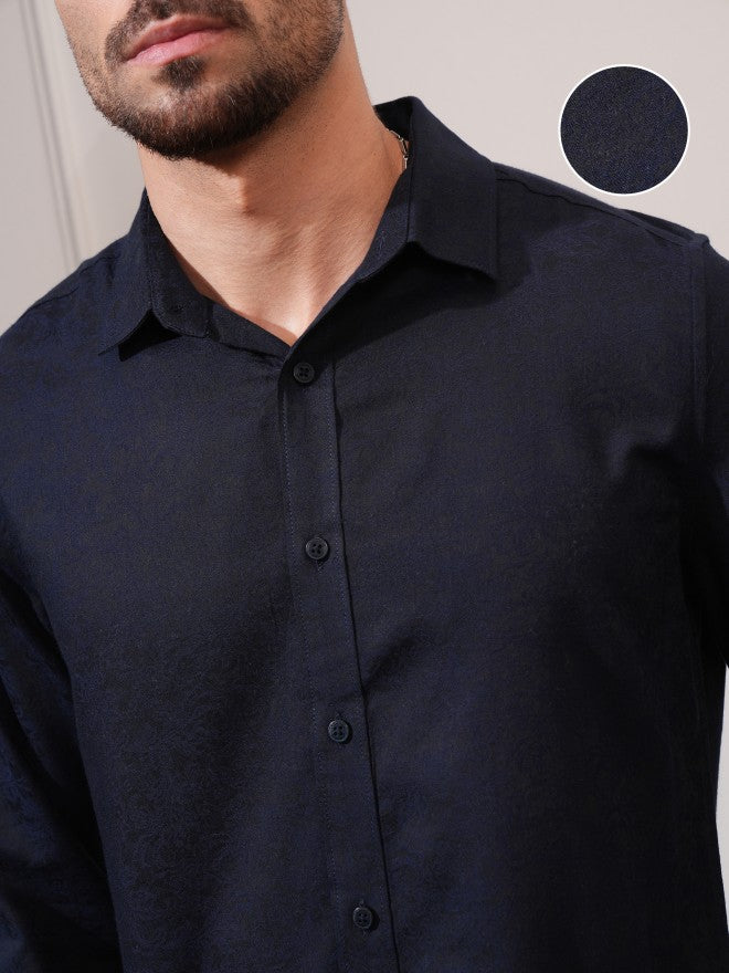 Locomotive Men Navy Blue Textured Slim Fit Casual Shirt - Navy Blue - Image 5