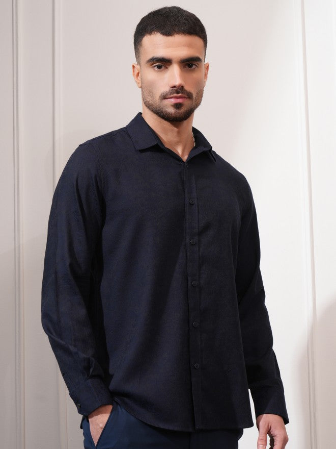 Locomotive Men Navy Blue Textured Slim Fit Casual Shirt - Navy Blue - Image 6