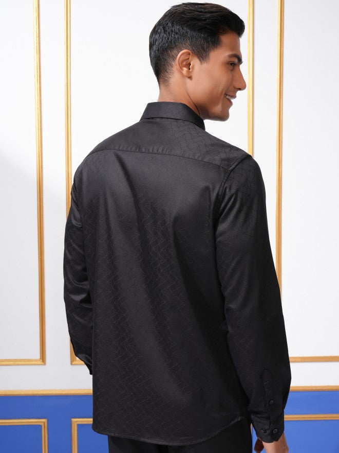 Locomotive Men Black Textured Slim Fit Casual Shirt - Black - Image 3