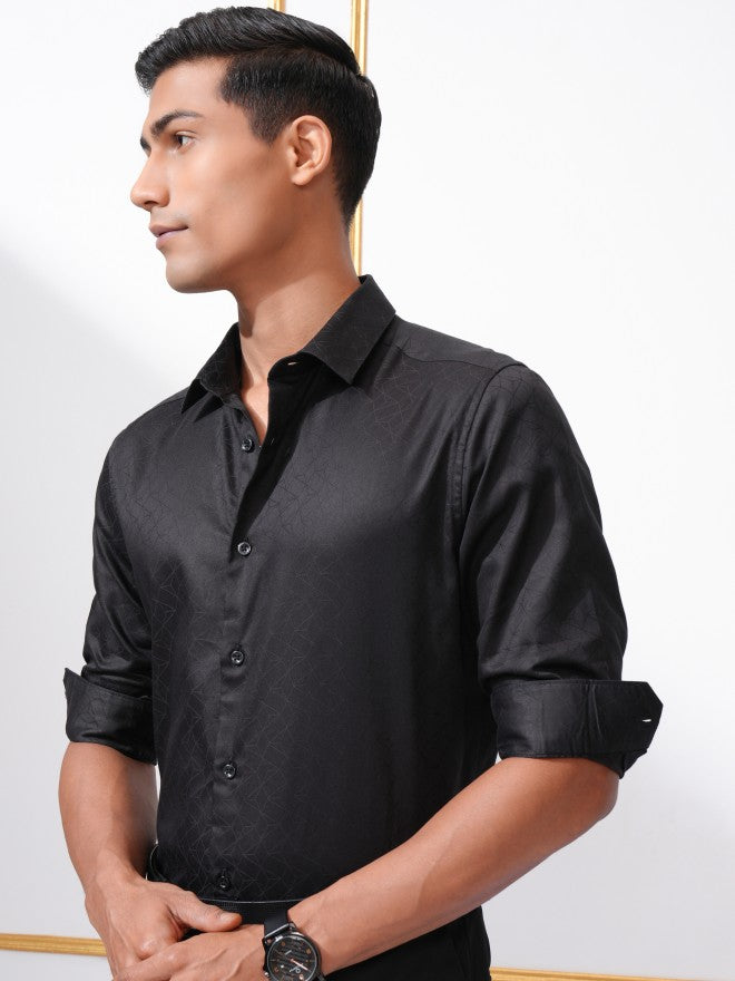 Locomotive Men Black Textured Slim Fit Casual Shirt - Black - Image 4